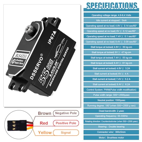 55kg Low Profile Brushless Servo with 2PCS 25T Servo Horn All Metal IP67 Waterproof Digital Servo High Torque Fast Steering Servo for 1/8 1/10 1/12 1/14 RC Car, 180°