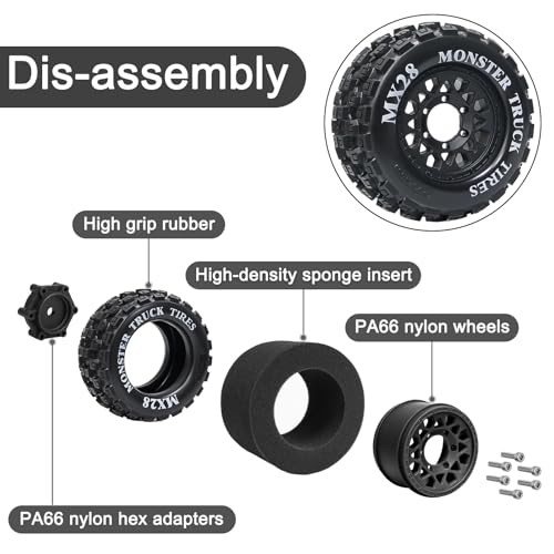 LRFHL MX28 F/R 2.8" RC Monster Truck Tires and Wheels 4PCS, Black | 12mm/14mm Hex Adapter, 1/10 RC Monster Truck, Compatible with Traxxas Stampede Rustler Redcat Arrma Vorteks Big Rock Granite - color: Black Tires+ Black Wheel-10
