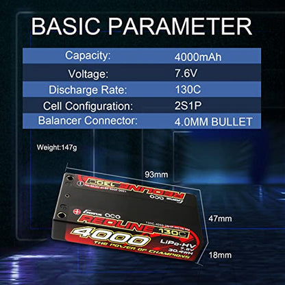 Gens ace 2S Lipo Battery 7.6V 4000mAh 130C 2S1P HardCase 58# HV Lipo Battery with 4.0mm Bullet