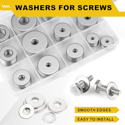 108Pcs 304 Stainless Steel Flat Washers, Fender Washers Assortment Kit 12 Sizes (M3-M12) Metal Washers for Screws Bolts Large and Small Hardware for Various Home Industrial Automotive - size: 12 Sizes 108 Pieces