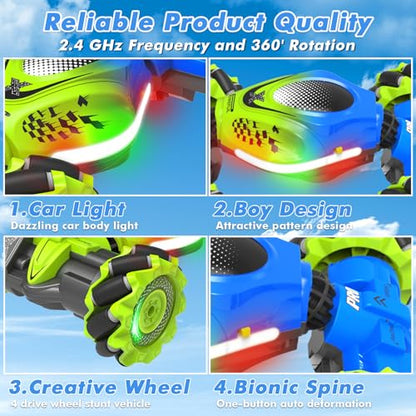 Fosgoit Gesture Sensing RC Stunt Car, Remote Control Car for Boys and Girls | Cool Birthday Gifts, Toys for Boys and Girls Age 6 7 8 9 10 11 12 Years Old, 4WD Remote Control Car, with Lights Music - color: Green-blue