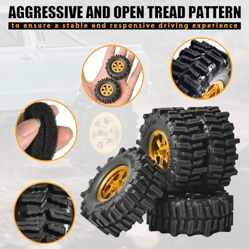 0.7” FS6 Super Soft Rubber Tires & CNC -1mm Offset Aluminum Beadlock Rims, 40×16mm Micro Crawler Wheels Tires Set for Axial SCX30 Redcat Ascent-32 1/30–1/32 RC Crawler, 4PCS Gold - color: Gold