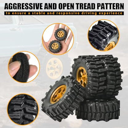 0.7” FS6 Super Soft Rubber Tires & CNC -1mm Offset Aluminum Beadlock Rims, 40×16mm Micro Crawler Wheels Tires Set for Axial SCX30 Redcat Ascent-32 1/30–1/32 RC Crawler, 4PCS Gold - color: Gold