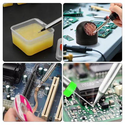 6-in-1 solder kit, soldering iron tip cleaner +1.0mm solder wire(11g*2pcs)+Rosin Solder Flux Paste (1.75 oz/50g), desoldering wick (2.5 * 3.0mm,9.8ft) Stainless steel scraper stir welding tool