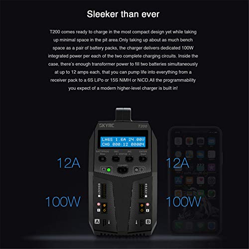 SKYRC T200 Dual Balance Charger AC100-240V/DC 11-18V Input 12A 100W for LiPo Li-Ion LiHV Life 1-6S / NiMH NiCd 1-15S Battery Pb 2-20V