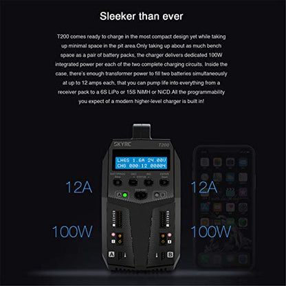SKYRC T200 Dual Balance Charger AC100-240V/DC 11-18V Input 12A 100W for LiPo Li-Ion LiHV Life 1-6S / NiMH NiCd 1-15S Battery Pb 2-20V