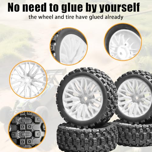 4PCS Pre-Glued RC Crawler Car Rubber Tires and Plastic Wheels Set, 70mm*26mm Tires and Rims with 12mm Hex Fits for ARRMA 1/14 1/16 1/18 Granite/Typhon Grom RC On/Off Road Crawler Truck Car (White) - color: White