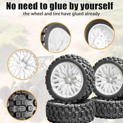 4PCS Pre-Glued RC Crawler Car Rubber Tires and Plastic Wheels Set, 70mm*26mm Tires and Rims with 12mm Hex Fits for ARRMA 1/14 1/16 1/18 Granite/Typhon Grom RC On/Off Road Crawler Truck Car (White) - color: White