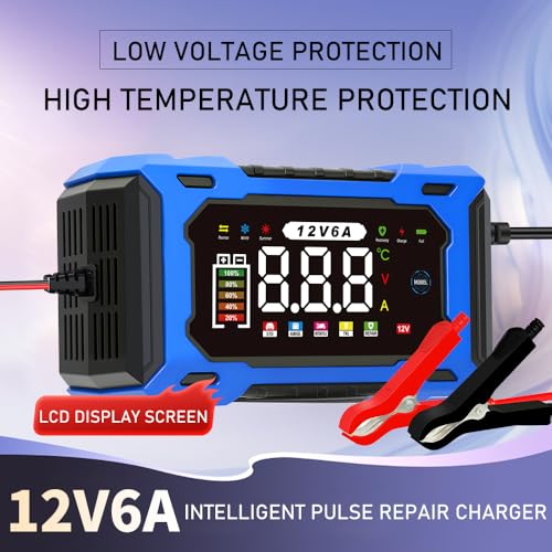6A 12V Smart Battery Charger Maintainer (Blue) | 6A Smart Charger Maintainer, Pulse Desulfator, Trickle Tender, Overcharge Safe, AGM/GEL/SLA, for Car/Marine/Lawn Mower/ATV - color: Blue