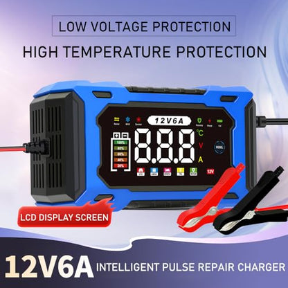 6A 12V Smart Battery Charger Maintainer (Blue) | 6A Smart Charger Maintainer, Pulse Desulfator, Trickle Tender, Overcharge Safe, AGM/GEL/SLA, for Car/Marine/Lawn Mower/ATV - color: Blue