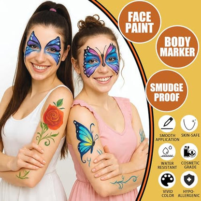 Jim&Gloria Water Resistant Face Paint Tattoo Pen, Temporary Tattoo Markers for Skin, Body Painting Kit, Teen Girl Gifts Trendy Stuff, Makeup Toys Crafts, Christmas Gifts for Teenage Girls, Adults