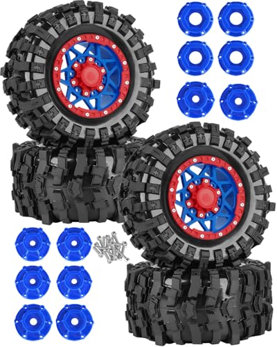 1/10 Scale RC Truck Tires,Wheels and Tires w/12/14/17MM Hex for Rustler Stampede Hoss, Granite Vorteks Big Rock 3S,1/10 Off Road Tires Rubber Truck Tyres w/Foam Insert,Navy Blue w/Red - color: Navy Blue W/Red(4pcs)