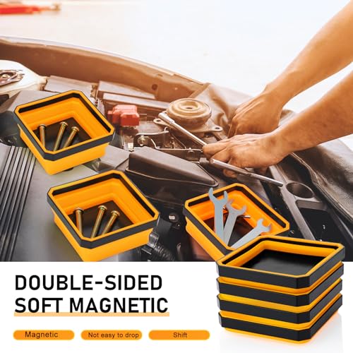 Barydat 10 Pcs Magnetic Tool Tray Collapsible Foldable Parts Trays Set Magnetic Screw Tray Magnetic Parts Bowl Square Silicone Magnetic Tool for Bolts Nuts Washers Pins Screw Parts (Orange) - color: Orange
