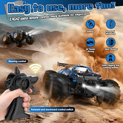 All-Terrain Remote Control Car for Boys Christmas Kids Rechargeable | Monster Rc Truck with LED, 1:20 10KM/H, 2 Motors, 2.4GHZ, Speed Friendly, Sturdy Rc Cars for Christmas Kids 6+, Beginner - color: Blue