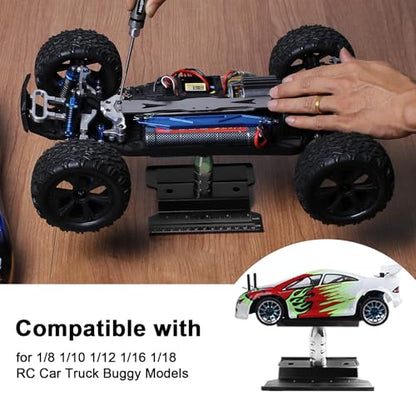 RC Car Work Stand Repair Workstation 360 Degree Rotation Lift with Wheel Wrench Tools for 1/8 1/10 1/12 1/16 1/18 Scale Cars Trucks Buggies (Black)