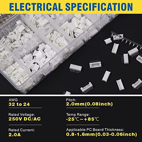 1480pcs 2.0mm Connector Kit, Compatible with JST-PH, Includes 2/3/4/5/6/7 Pin Housing Adapter Cable Connector Socket Male and and Female with Female Pin Crimping Dip - size: PH2.0 1480PCS