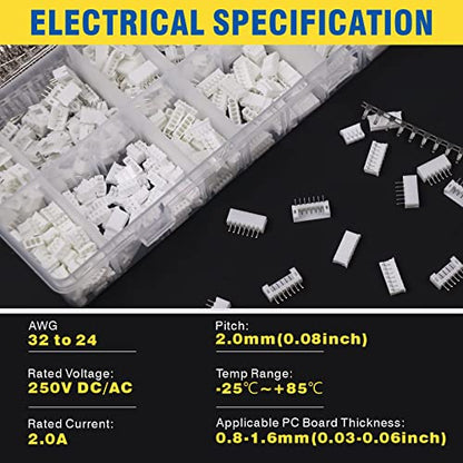 1480pcs 2.0mm Connector Kit, Compatible with JST-PH, Includes 2/3/4/5/6/7 Pin Housing Adapter Cable Connector Socket Male and and Female with Female Pin Crimping Dip - size: PH2.0 1480PCS