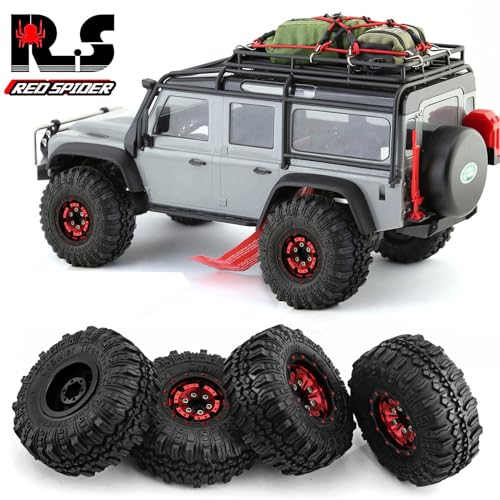 REDSPIDER （4pcs） 1.0 beadlock Wheels and Tires，1.0 Tires Set Has Super Soft Stickiness，Wheel hub Colors Available. 1.0 Crawler Tires for TRX4M Axial AX24 SCX24 FCX24 1/18 1/24 RC Crawler Car (Red) - color: Red