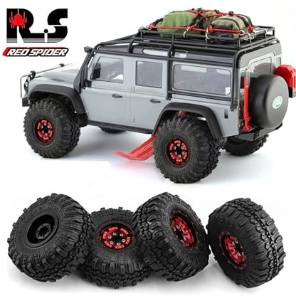 REDSPIDER （4pcs） 1.0 beadlock Wheels and Tires，1.0 Tires Set Has Super Soft Stickiness，Wheel hub Colors Available. 1.0 Crawler Tires for TRX4M Axial AX24 SCX24 FCX24 1/18 1/24 RC Crawler Car (Red) - color: Red