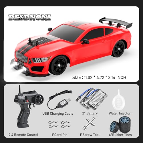 Remote Control Car RC Drift Car 1:16 Scale 4WD 18KM/H High Speed Model Vehicle 2.4GHz with LED Lights Spray Rubber Tire Racing Sport Toy for Adults Boys Girls Kids Gift 2Pcs Rechargeable Batteries - color: H-red