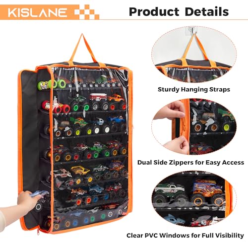 Monster Truck Storage Organizer, Hanging Monster Truck Display Case with 7 Removable Tiers, Dual Zipper Clear Window Monster Truck Storage Bag for 1:64 Scale Toy Trucks | Wall mount tiered shelf fits 1:64 scale cars. Cars not included. Assembly required.