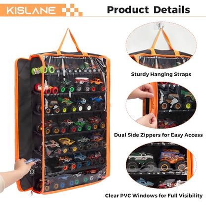 Monster Truck Storage Organizer, Hanging Monster Truck Display Case with 7 Removable Tiers, Dual Zipper Clear Window Monster Truck Storage Bag for 1:64 Scale Toy Trucks | Wall mount tiered shelf fits 1:64 scale cars. Cars not included. Assembly required.