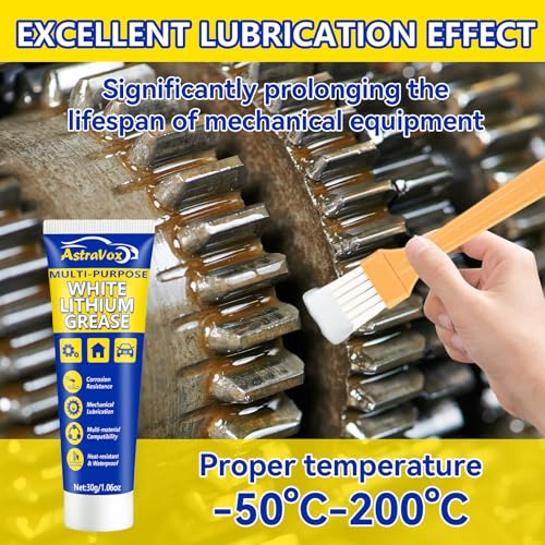 AstraVox White Lithium Grease with Brush, Multi-Purpose Garage Door Lubricant for Hinges, Bearings, Gears, Automotive, Marine, Industrial, and Household Use, Waterproof & Heat-Resistant 1oz (1pcs)