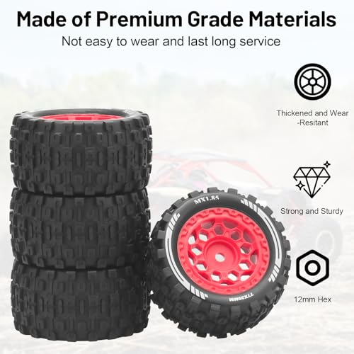 1/18 RC Car Tires and Wheels, daitoku 12mm Hex RC Truck Tires for 1/18 ARRMA Granite Typhon WLtoys A949 MJX Hyper Go H16 - Style A (Red)