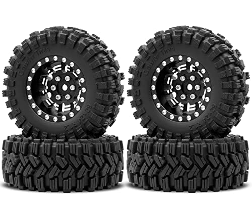 OGRC 1.3" Aluminum Wheels and All Terrain Tires for 1/18 1/24 RC Upgrade | 7mm Hex, Super Soft Compound Tires, for TRX4M SCX24 RC Carwler Car, Black - color: Black