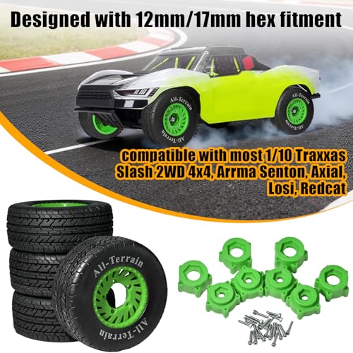 1/10 RC Short Course Truck Rubber Tires & Nylon Rims - 12mm/17mm Hex, Green | All-Terrain Tires and Wheels Compatible with 1/10 Traxxas Slash 4WD 2WD Arrma Senton Axial Losi Redcat RC Buggy, 4-Pack - color: Green