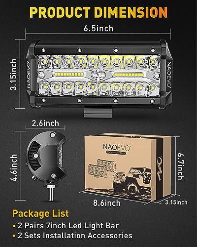 NAOEVO 7 Inch LED Light Bar, 480W 48,000LM LED Off Road/Fog Lights, 4 Pcs | Spot Flood Combo Waterproof LED Tractor Lights, Aluminum LED Work Lights with Bracket for Truck, Tractor, Boat, ATV, UTV - size: 4 Pcs