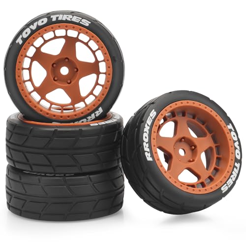 1/10 RC On Road Wheels and Tires, daitoku 12mm Hex RC Rally Racing Car Tires for HPI Ken Block's Tamiya XV01 TT01 TT02B Kyosho FAZER MK2 Lc Racing PTG HSP RGT RC 3RACING D5 (Orange) - color: Orange