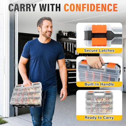 DIYSELF Screw Organizer, Double-Sided 34-Compartment Small Parts Organizer | Hardware Organizers with Adjustable Space, Clear-Lid Compartment Storage Box for Hardware, Crafts, Beads, Nuts and Bolts - size: 1 Pack