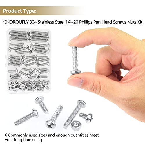 58 Pieces 1/4-20x 1/2", 3/4", 1", 1-1/4", 1-1/2", Phillips Pan Head Machine Screws Nuts Assortment Kit, 304 Stainless Steel, Fully Machine Thread - size: 1/4"-20