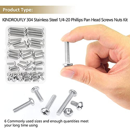58 Pieces 1/4-20x 1/2", 3/4", 1", 1-1/4", 1-1/2", Phillips Pan Head Machine Screws Nuts Assortment Kit, 304 Stainless Steel, Fully Machine Thread - size: 1/4"-20