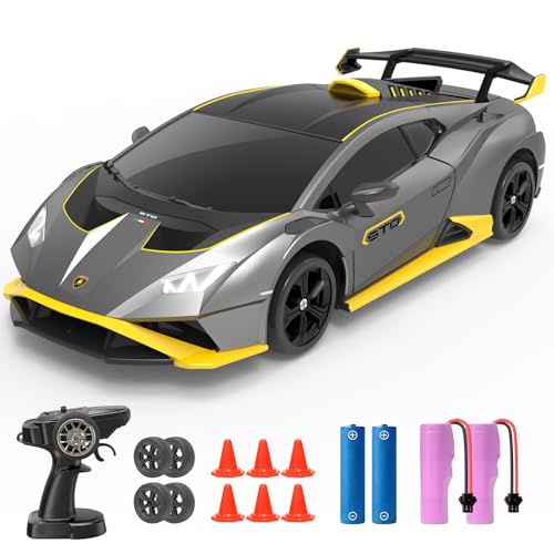 YONCHER RC Drift Car, Remote Control Car for Kids Lamborghini Officially Licensed, 1:24 20KM/H 4WD RC Cars with Lights, Fast Racing Toy Car for Boys Girls, Gray - color: Sto Gray