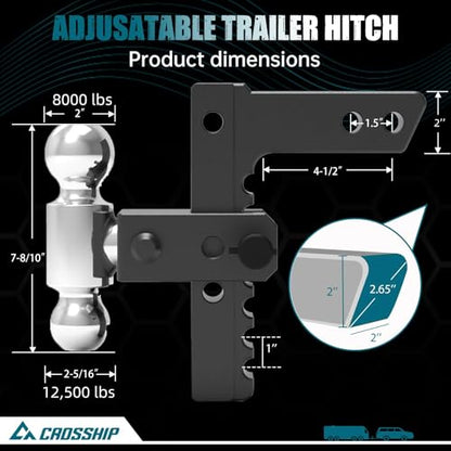 Adjustable Drawbar Trailer Hitch - Heavy Duty Aluminum Drop Hitch - Fits 2" Receiver, 8" Drop/Rise, for Truck, SUV, RV(12500 Lbs GTW) - color: Black, size: 2" 8 Drop-Dual Ball