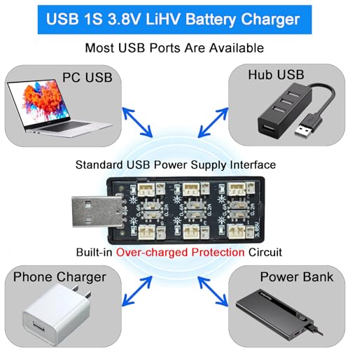 1S LiPo Battery USB Charger 3.8V/4.35V, 6-Channel LiHV High Voltage Charger for Tiny Whoop EMAX Tinyhawk Battery, DIY Projects, JST-PH2.0 and JST-1.25 Connectors