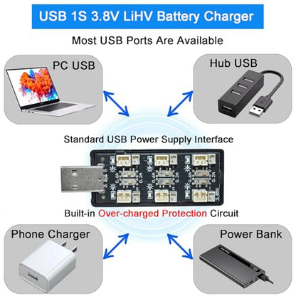 1S LiPo Battery USB Charger 3.8V/4.35V, 6-Channel LiHV High Voltage Charger for Tiny Whoop EMAX Tinyhawk Battery, DIY Projects, JST-PH2.0 and JST-1.25 Connectors