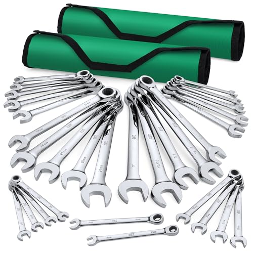 SK Ratchet Wrenches Set, SAE 1/4" to 1", Metric 8 to 24mm, 30-Piece | Ratcheting Wrench Set, Combination Wrench Set, 72-Tooth, Premium CR-V Steel, Chrome Plating Surface, Roll-Up Pouch - size: 30-Piece, SAE 1/4" to 1", Metric 8 to 24mm