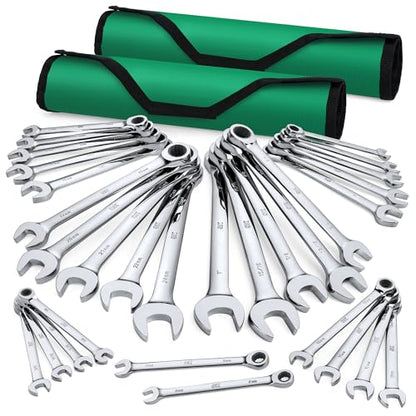 SK Ratchet Wrenches Set, SAE 1/4" to 1", Metric 8 to 24mm, 30-Piece | Ratcheting Wrench Set, Combination Wrench Set, 72-Tooth, Premium CR-V Steel, Chrome Plating Surface, Roll-Up Pouch - size: 30-Piece, SAE 1/4" to 1", Metric 8 to 24mm