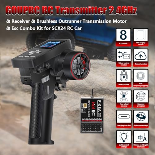 GOUPRC 8CH 2.4GHz Racing RC Transmitter Screen Controller & Receiver Kit for SCX24 SCX30 TRX4M Redcat 1/8 1/10 1/18 1/24 1/30 RC Crawler Vehicle Car Ship Tank