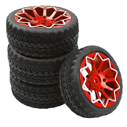 ShareGoo Metal Wheel Rims with Rubber Tire RC 12mm Hex Compatible with HSP Tamiya Kyosho RedCat Sakura WLtoys 1/10 RC On-Road Racing Touring Car (Red) - color: Red