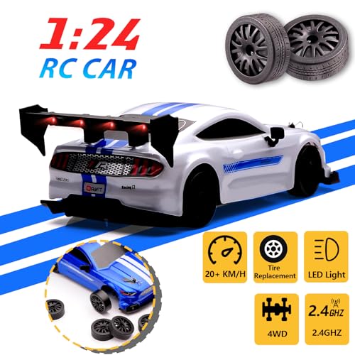 1:24 Scale RC Drift Car,4WD 2.4GHz High Speed Racing Hobby Sport Toy Car Vehicle with LED Lights,Racing and Drift Wheels for Adult Boys Girls Kids Gift (8602-White) - color: 8602-white