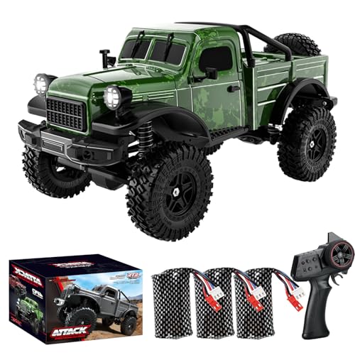 1:18 Scale All Terrain Remote Control Car, 2.4 GHz 4WD RC Rock Crawler with LED Lights, 12KPH Off-Road Pickup Truck Vehicle Toys RTR Gift for Adults - color: Green, size: 3 Battery