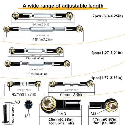 Stainless Steel Camber Links with Rod Ends Set for 1/10 Traxxas Slash,Black | Adjustable Turnbuckles with Spacers & Wrench for Rustler 4X4/2WD, Stampede 4X4, Hoss 4X4, Bandit/VXL RC Car Hops Up Parts - color: Black