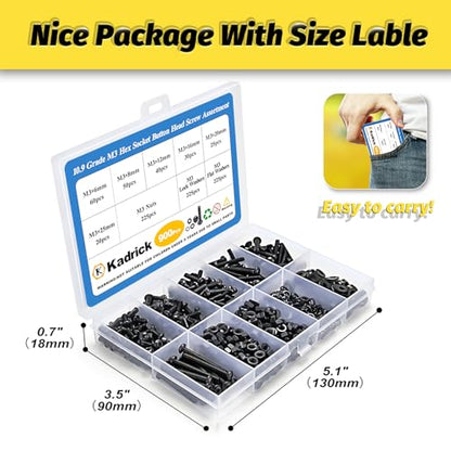 KADRICK 900Pcs M3 Screw Kit,Hex Socket Button Head M3 Bolts Length 6mm-25mm | M3 Screw Assortment,M3 Screws with Nuts Washers,Class 10.9 Alloy Steel,Black Oxide Finish - size: M3 900Pcs 6-25mm