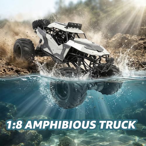 1:8 Large Amphibious RC Car for Kids 3+, Large 4WD Monster Truck | Water & Land Driving, LED Lights, 2.4GHz Control up to 260 FT, Rechargeable Waterproof All-Terrain Outdoor Gift