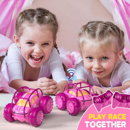 Remote Control Car, Fast Direct Charging RC Cars Amphibious 360° Rotating LED Rechargeable Stunt Car 2.4Ghz 4WD All Terrain RC Race Cars Toy Christmas Birthday Gift for Kids Boys Girls Aged 3-12 years - color: Pink