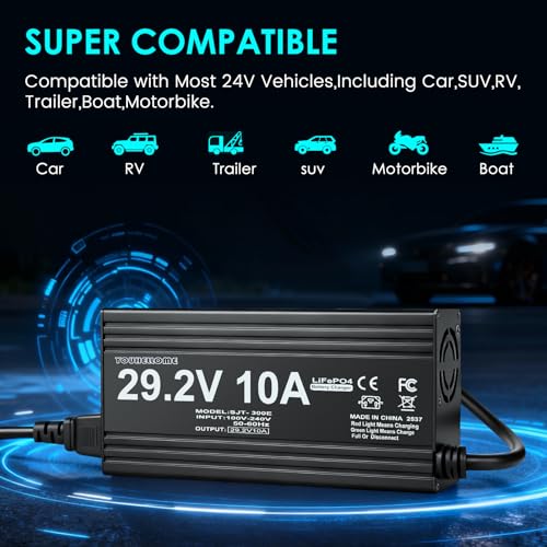 24V(29.2V Max) 10A Lithium Battery Charger for LiFePO4 Deep Cycle Rechargeable Battery Multi Safety Protections Smart Charger with Anderson Connector LED Indicator and 11 AWG M8 Adapter Cable